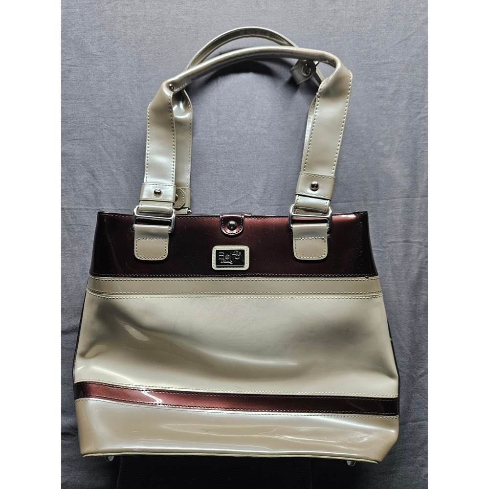 Beijo Classic Patent Faux Leather Shoulder Bag Tri-Tone Bronze Cream Tan Tote